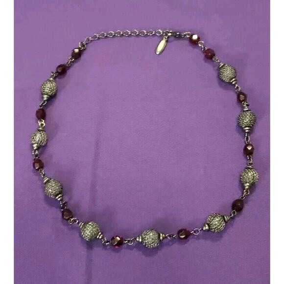 Vintage Ben Amun Signed Gunmetal & Red Crystal Beaded Station Collar Necklace